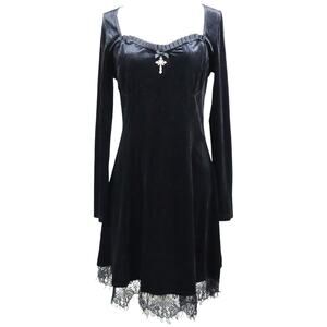 Vintage 90s Y2K Black Velvet Dress Silver Cross Bow Lace Long Sleeve XL Witchy